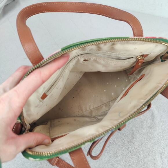 Kate‎ Spade Floral Canvas Bag Green Top Handle Shoulder Strap Satchel Preppy Bow - Picture 7 of 9